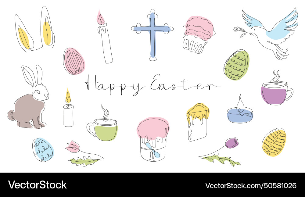 Easter set in continuous one line style vector image