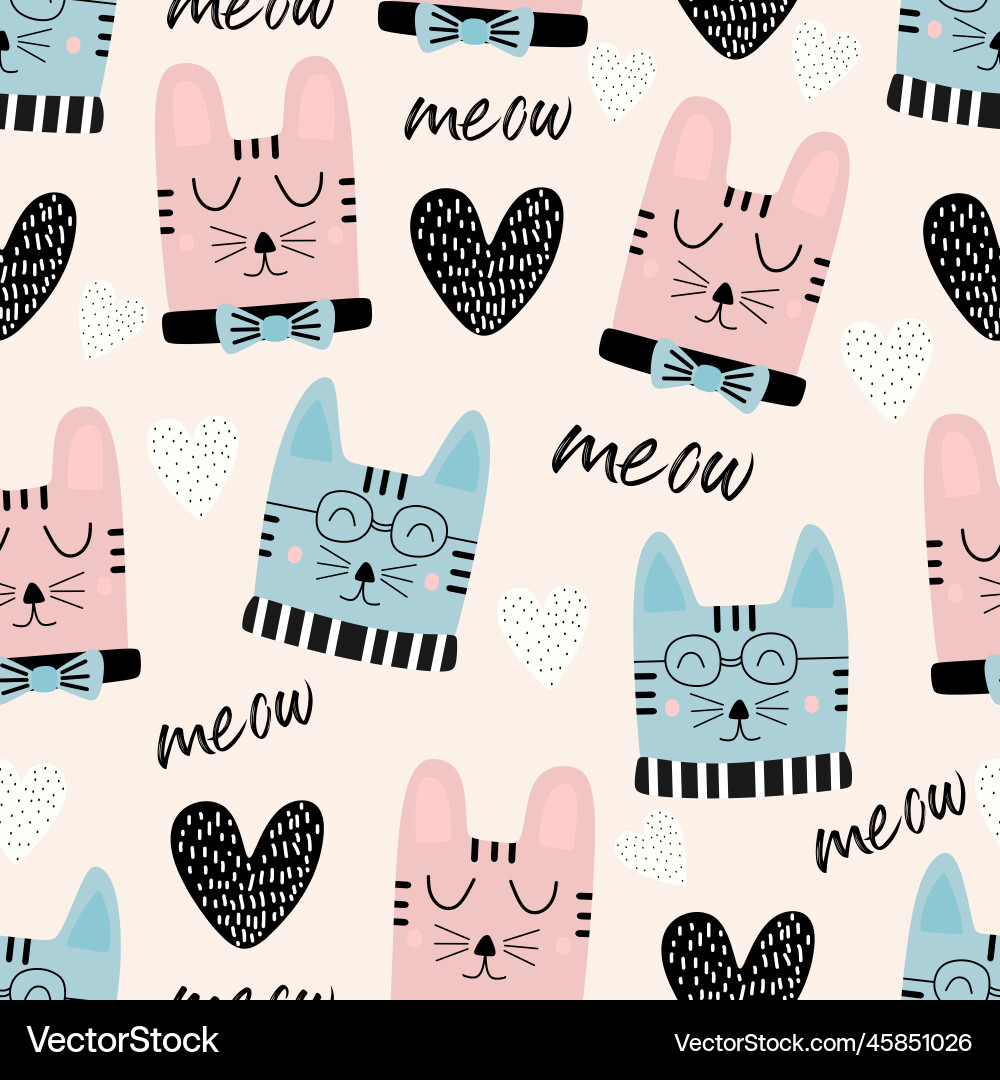 Funny cats head seamless pattern with meow text Funny cats head seamless pattern with meow text vector image