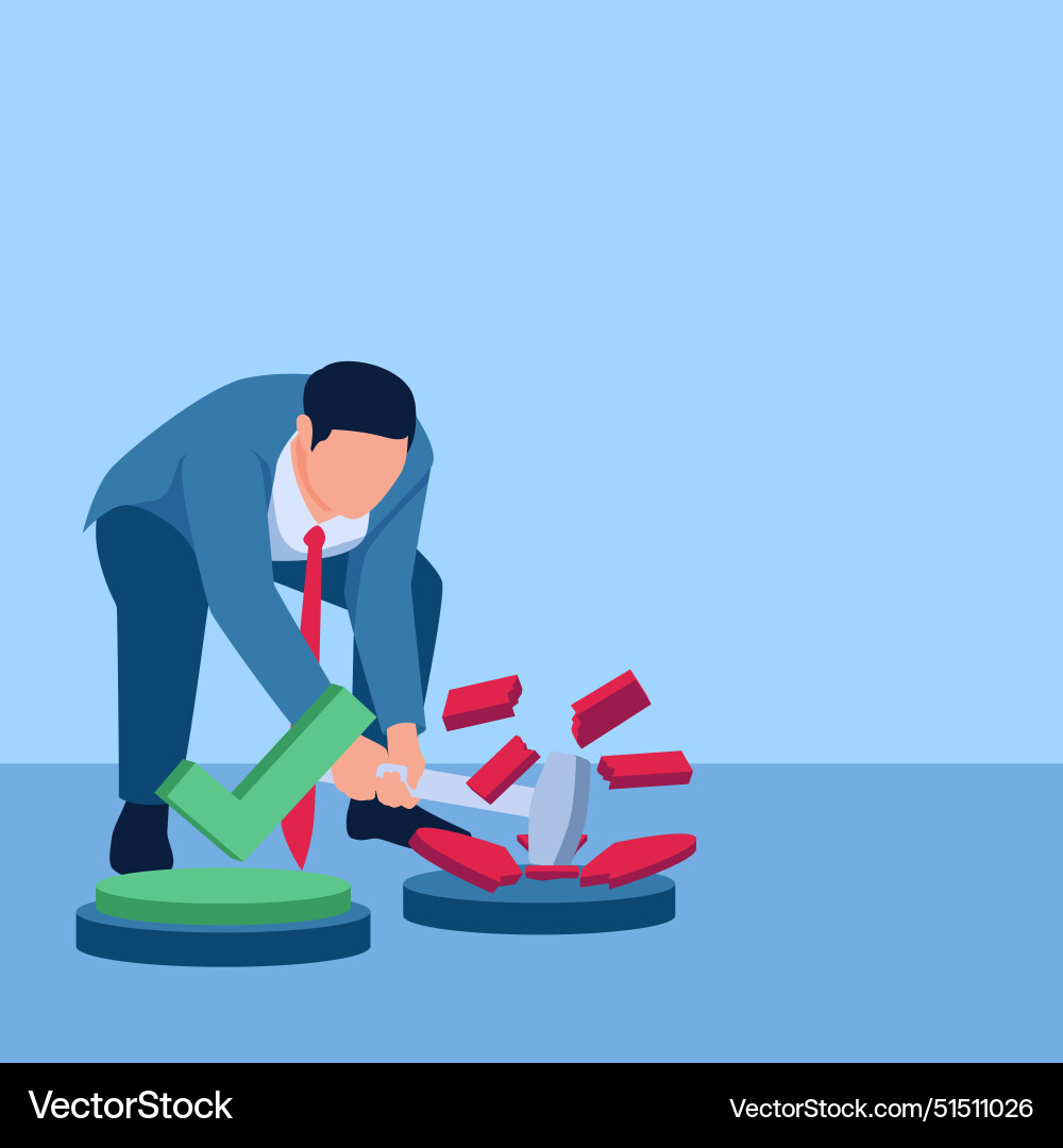 Man hammering the red button which means refuse Man hammering the red button which means refuse vector image