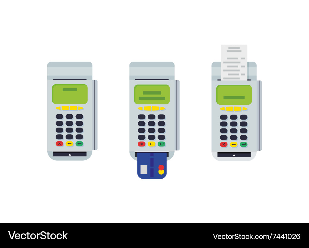 Pos terminal with inserted credit card and printed vector image