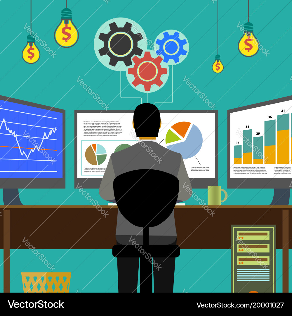 Financial graphs and charts monitor computer work vector image