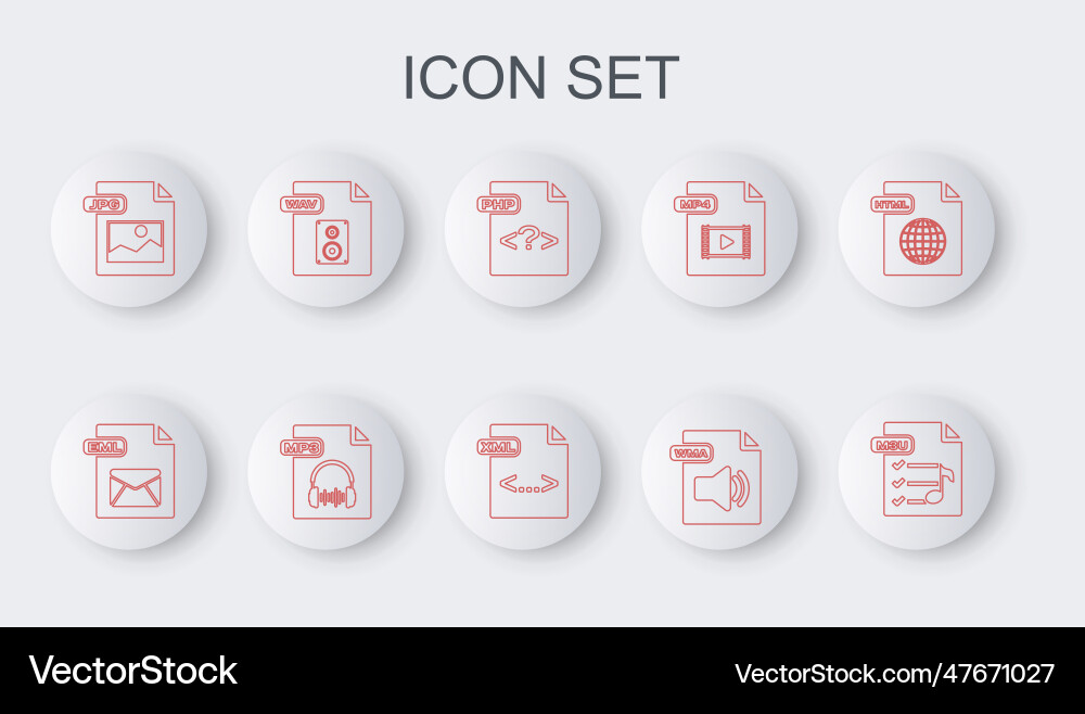 Set line m3u file document eml php wma jpg Set line m3u file document eml php wma jpg vector image