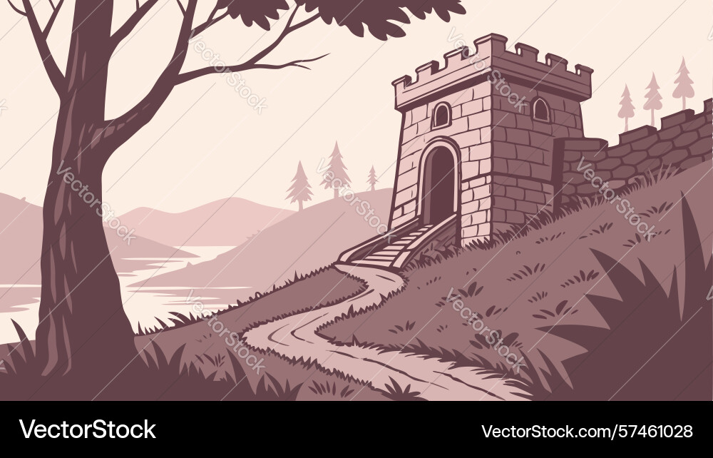 Ancient gateway on winding forest path art design vector image