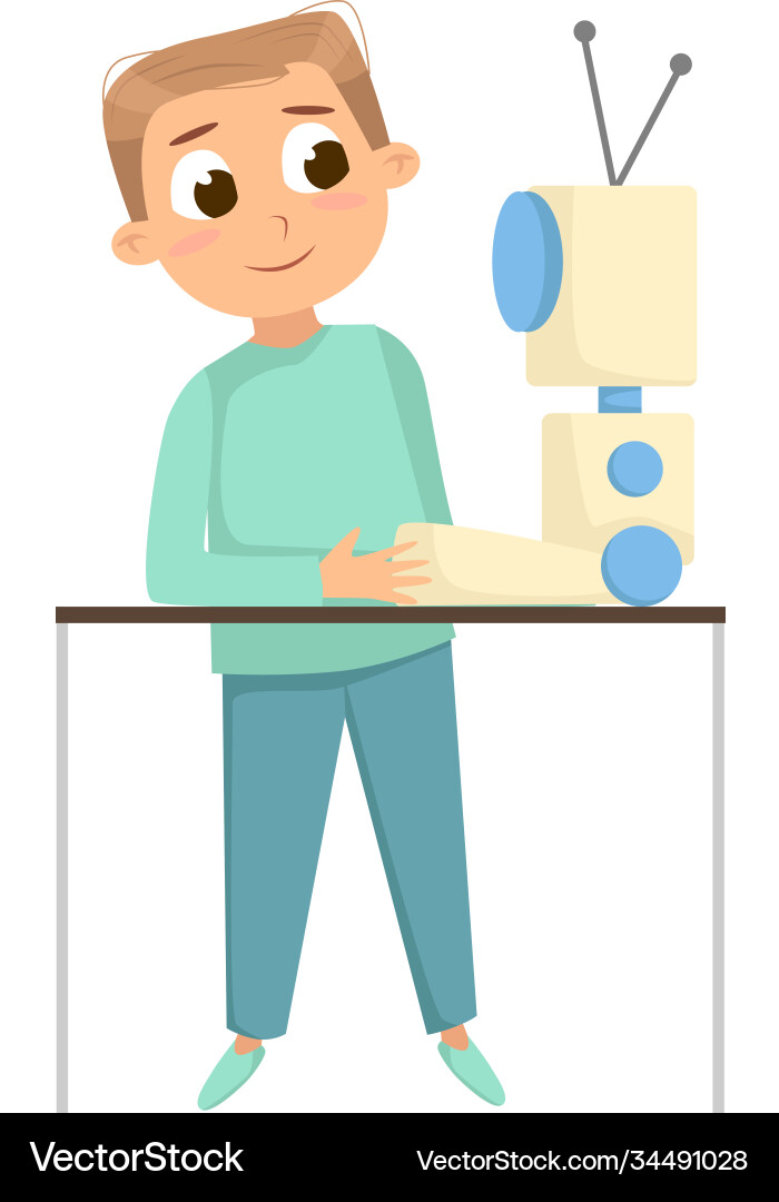 Cute boy creating and programming smart robot Cute boy creating and programming smart robot vector image