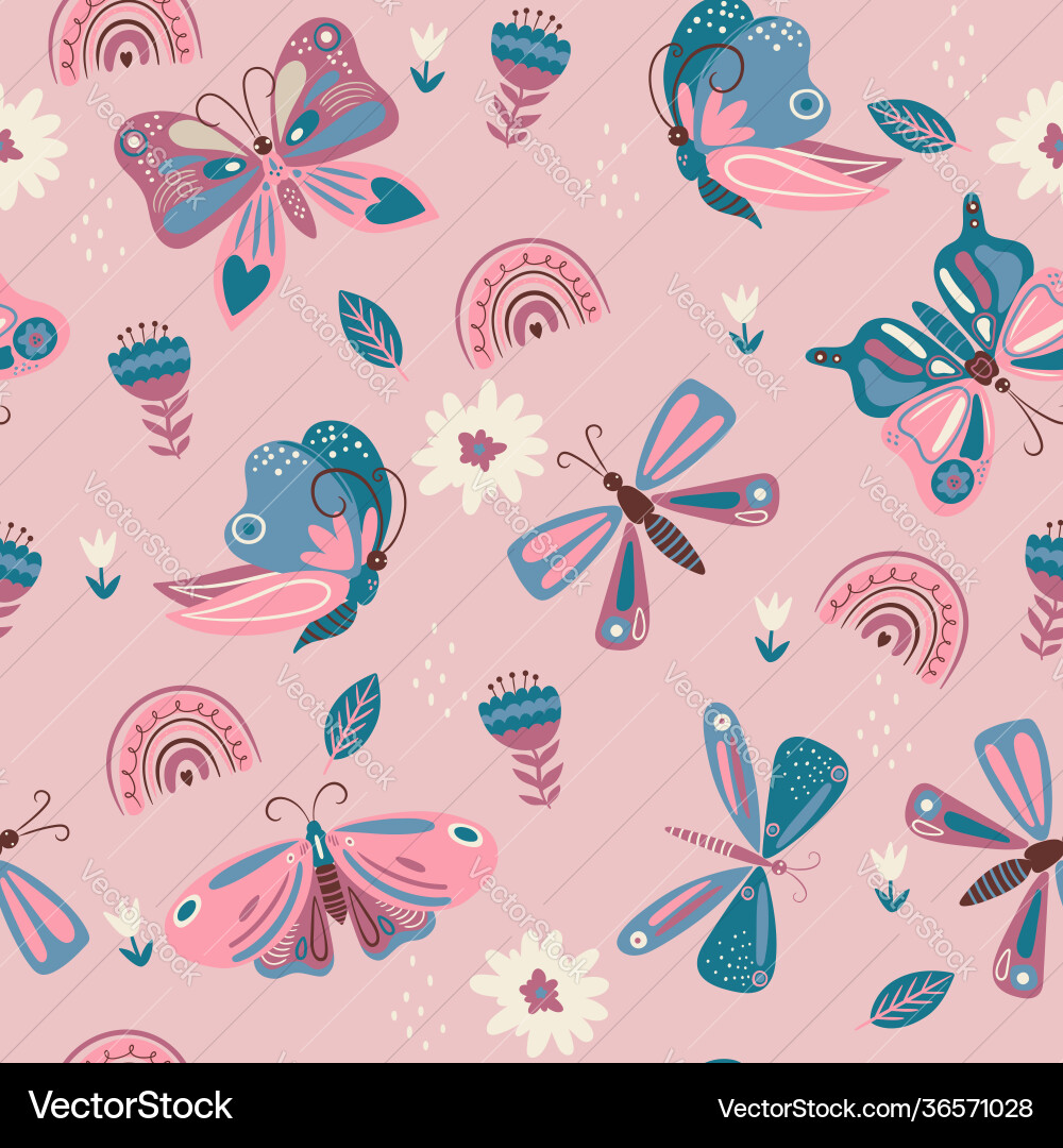 Pink & Blue Butterfly Seamless Pattern Vector Image