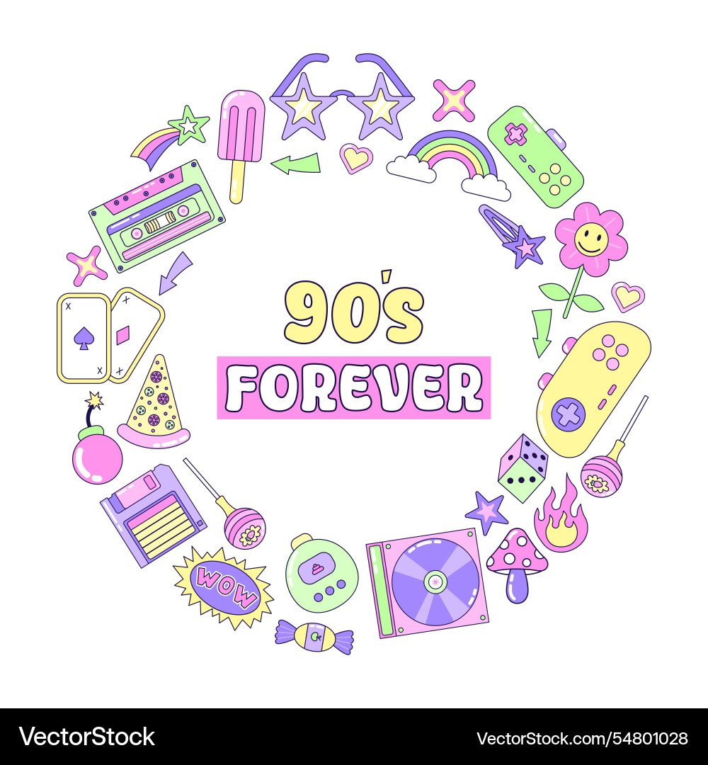 Round frame 90s forever multicolored elements Round frame 90s forever multicolored elements vector image
