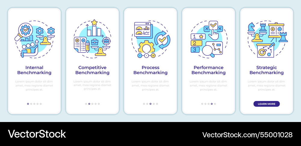 Types of benchmarking onboarding mobile app screen Types of benchmarking onboarding mobile app screen vector image