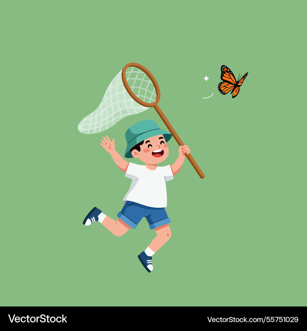 Boy running and catching butterfly with net Boy running and catching butterfly with net vector image
