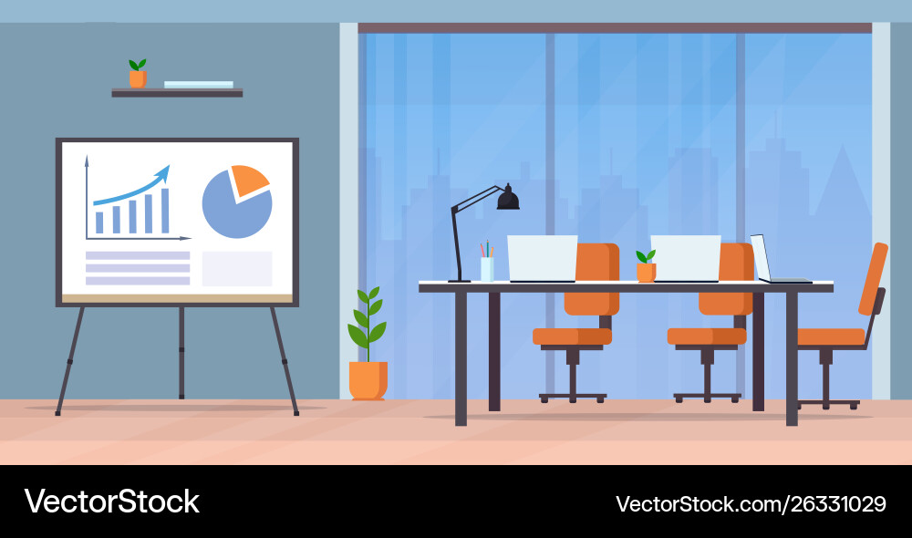 Conference table with laptops and chairs empty Conference table with laptops and chairs empty vector image
