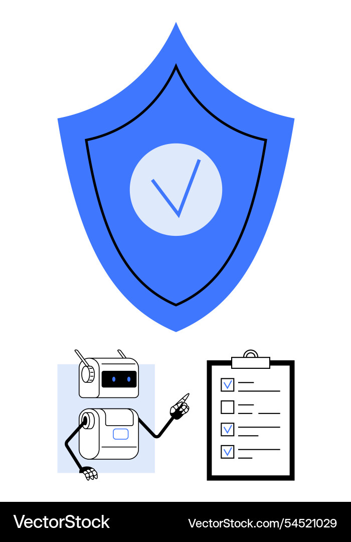 Shield with checkmark robot and checklist Shield with checkmark robot and checklist vector image