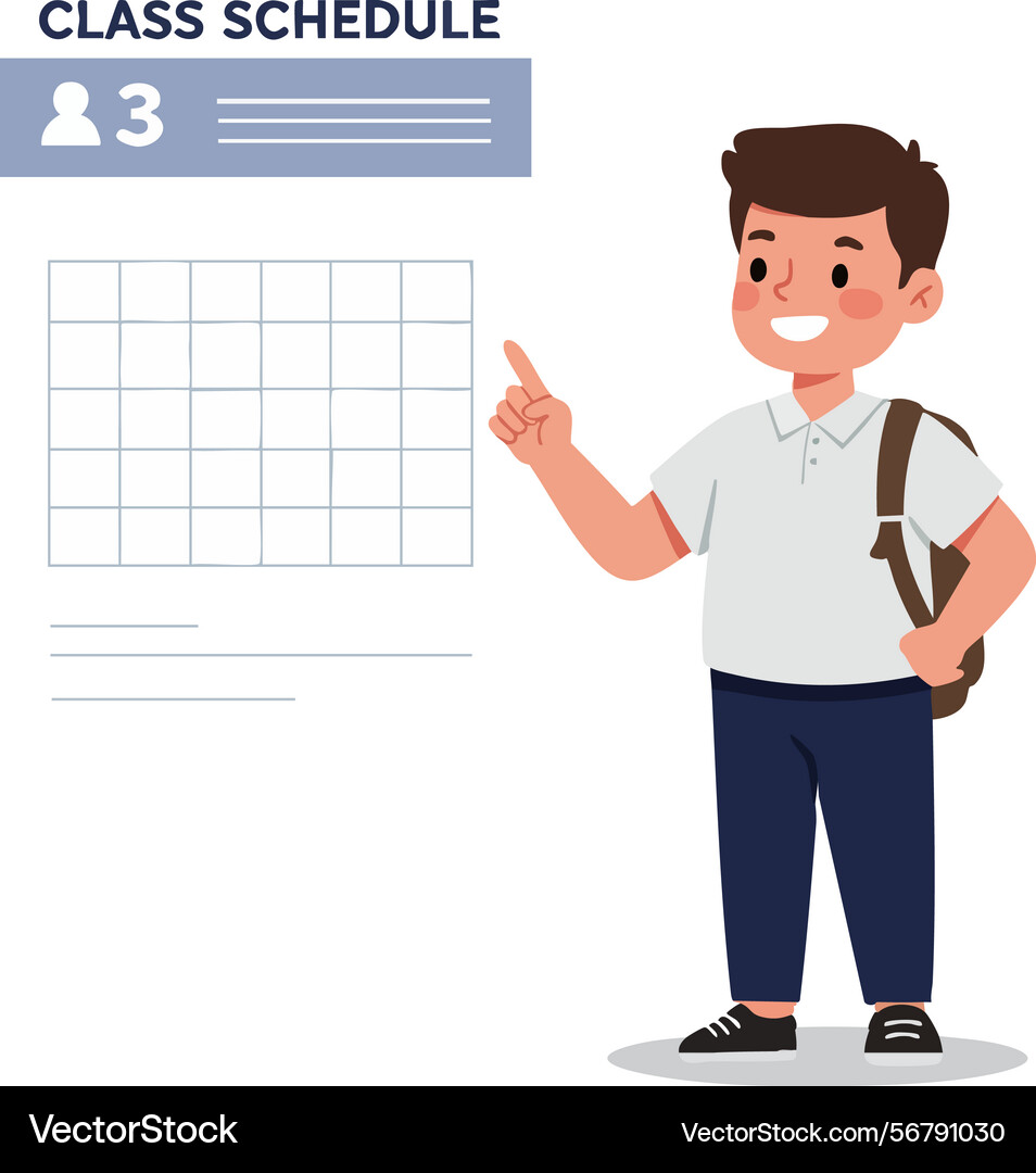 Boy student pointing at class schedule Vector Image