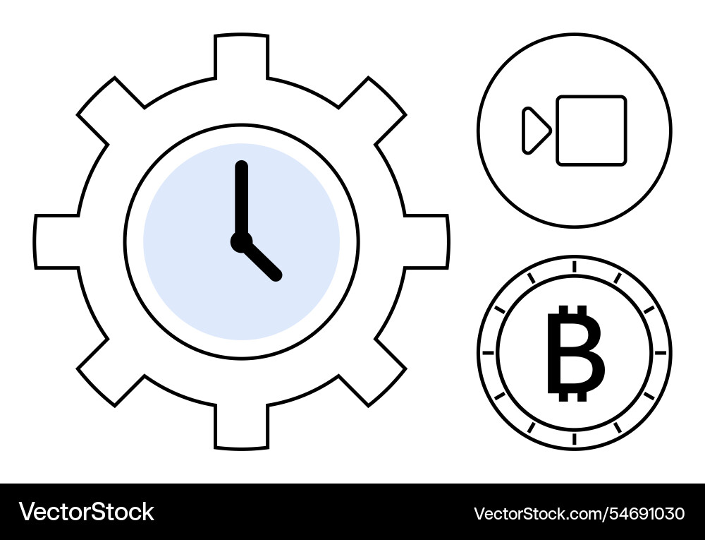 Gear clock video play button and bitcoin icon Gear clock video play button and bitcoin icon vector image