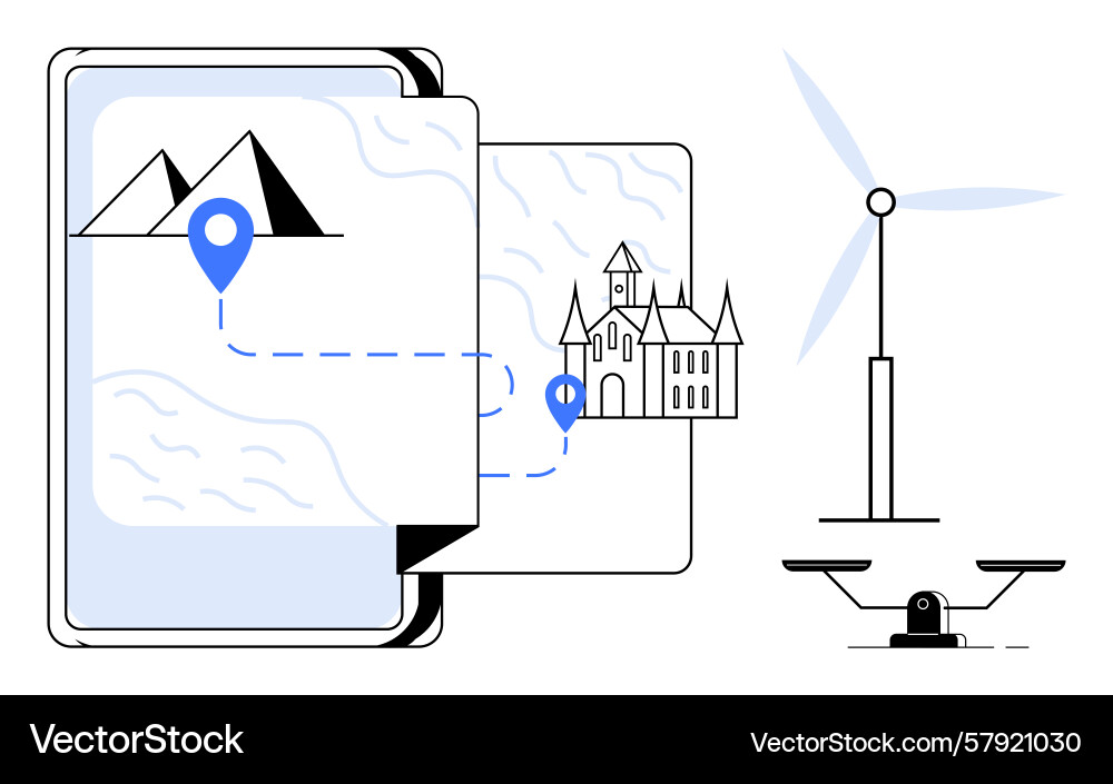 Navigation map with landmarks wind turbine Navigation map with landmarks wind turbine Vector Image