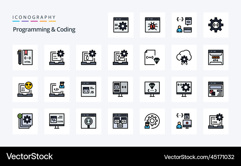 25 Programmierung und Kodierung Zeile gefüllte Stil-Icon vektorbild