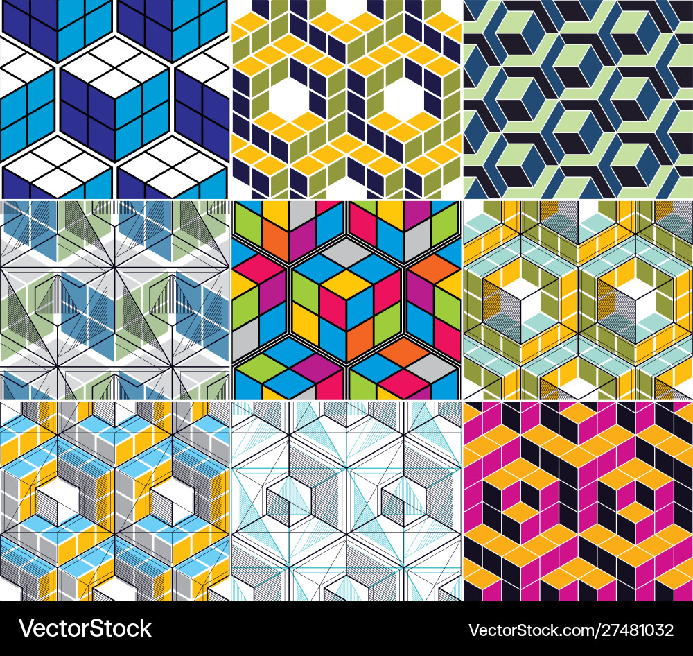 Geometric 3d lines abstract seamless patterns set Geometric 3d lines abstract seamless patterns set vector image