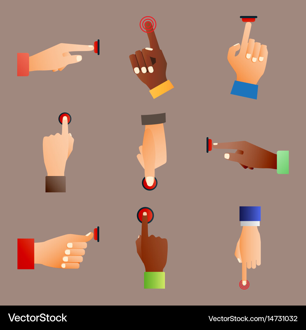 Hand press red button finger control push vector image