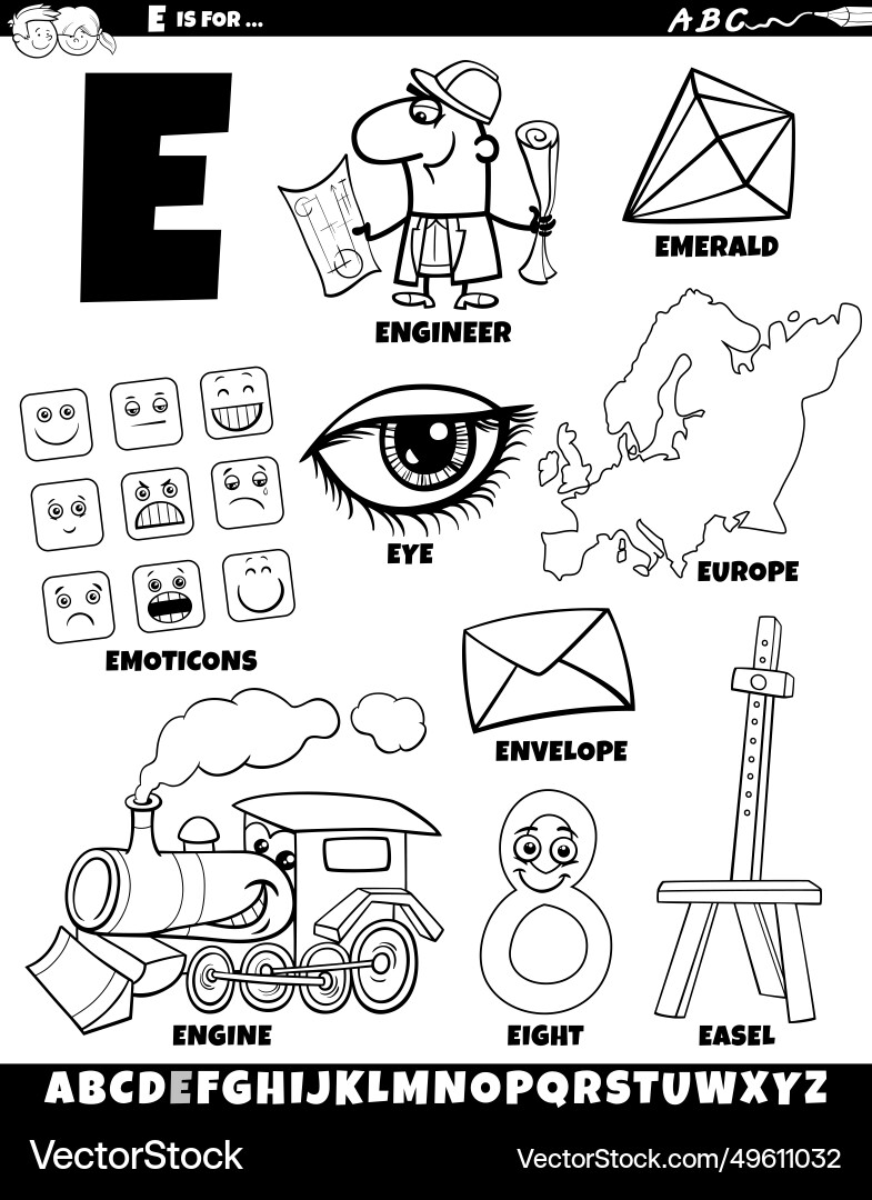Letter e set with cartoon objects and characters Letter e set with cartoon objects and characters vector image