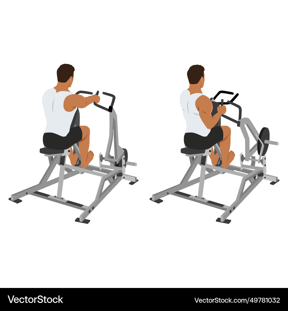 Man doing seated lever machine one arm row Man doing seated lever machine one arm row vector image