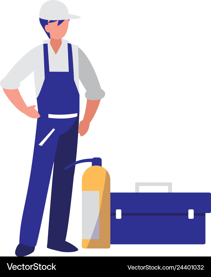 Mechanic worker with toolbox and extinguisher Mechanic worker with toolbox and extinguisher Vector Image