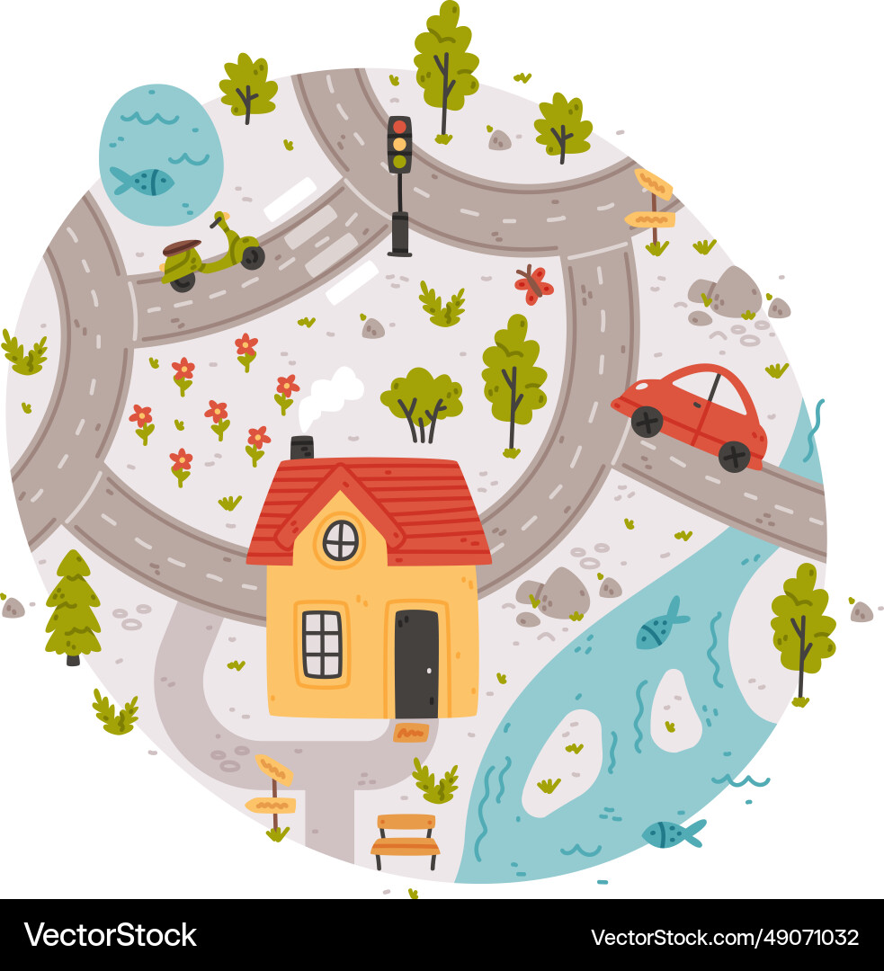 Naive city map with cartoon road car and house Naive city map with cartoon road car and house vector image