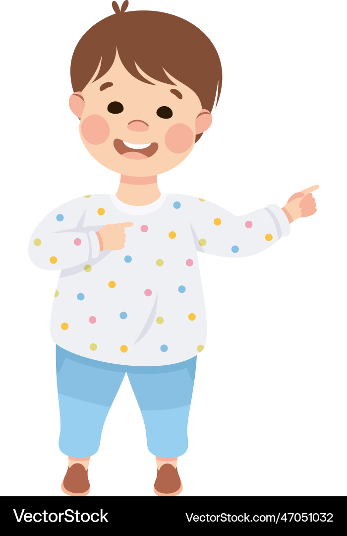 Smiling boy character pointing at something Smiling boy character pointing at something Vector Image