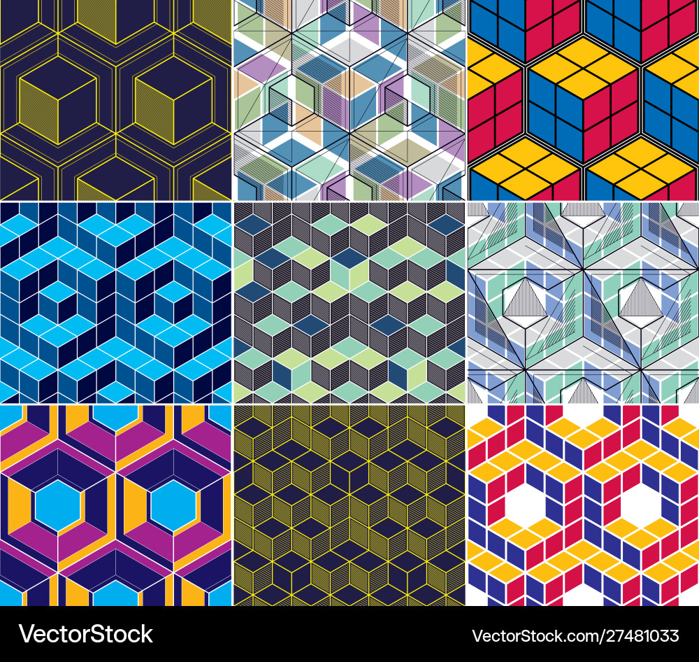 Geometric 3d lines abstract seamless patterns set Geometric 3d lines abstract seamless patterns set vector image
