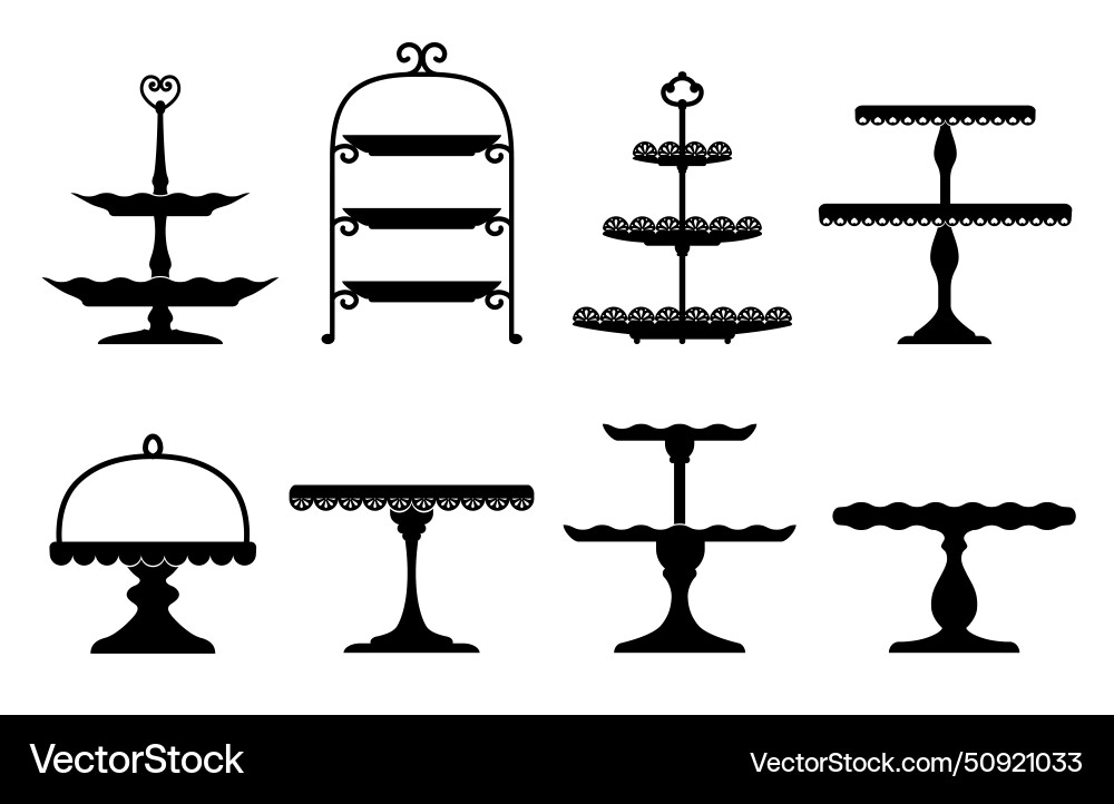 Wedding cake platter stand tray silhouettes set Wedding cake platter stand tray silhouettes set vector image