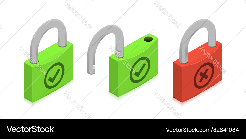 Closed and open locks with check cross Closed and open locks with check cross vector image