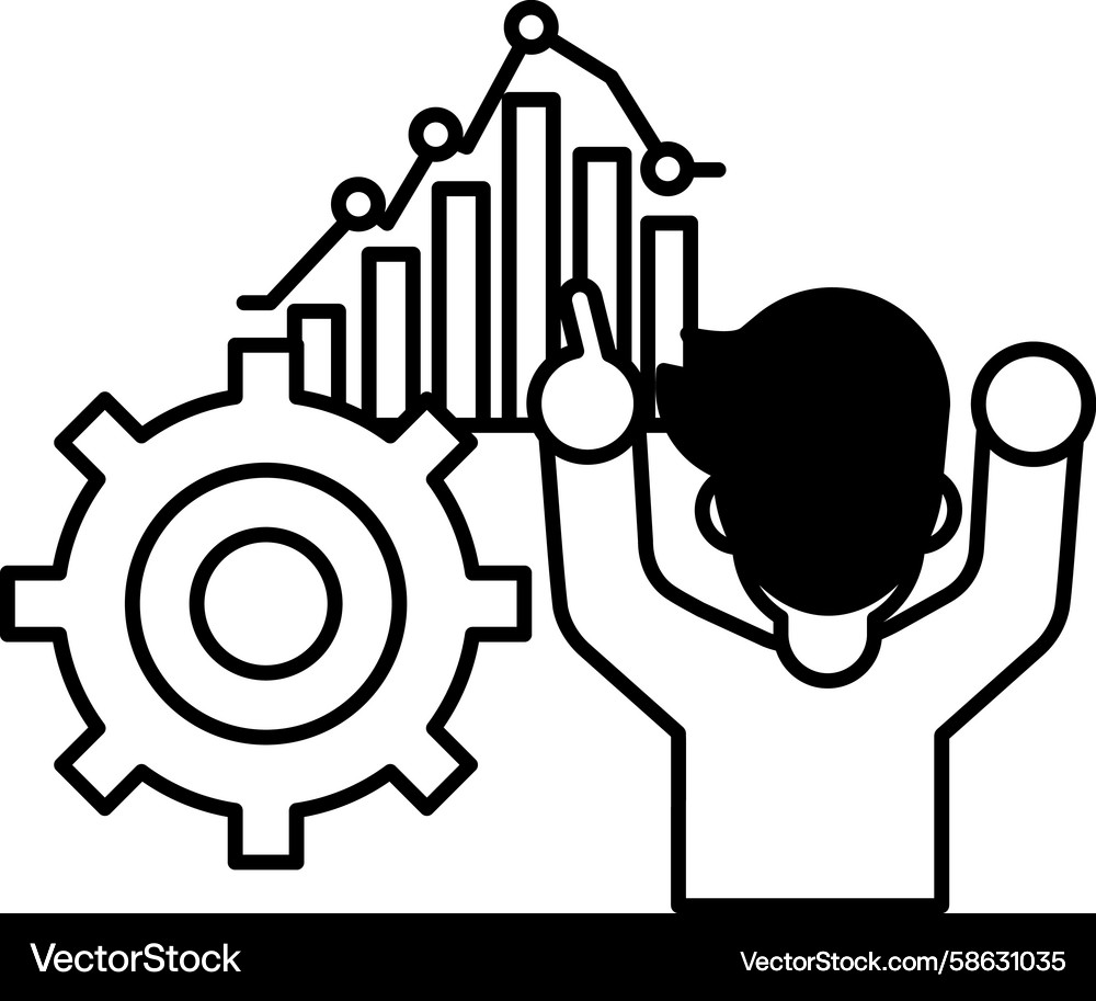 Man Gesturing with Gears and Charts Vector Image