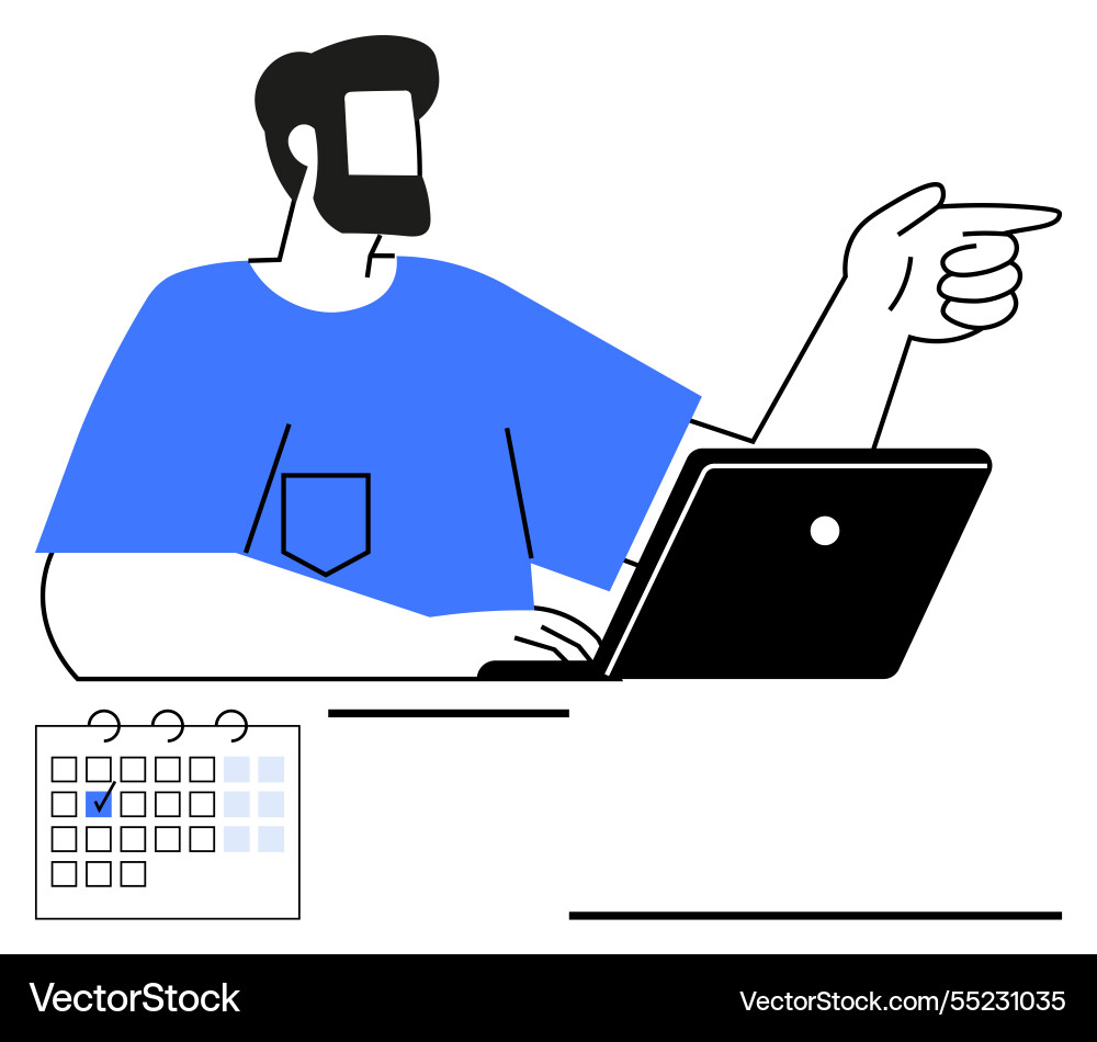 Man managing schedule and tasks on laptop while Man managing schedule and tasks on laptop while Vector Image