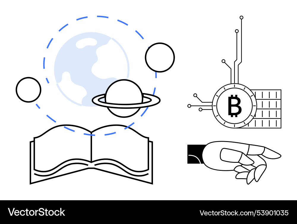 Open book with planet symbols bitcoin and robotic Open book with planet symbols bitcoin and robotic vector image