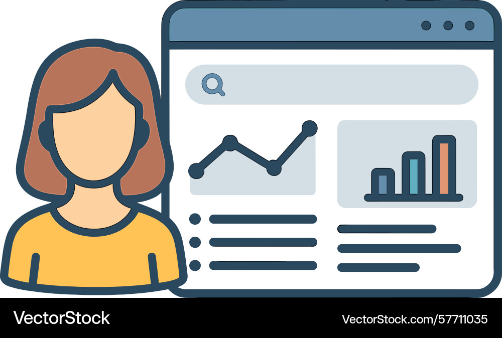 Woman user analyzes website analytics data Woman user analyzes website analytics data vector image