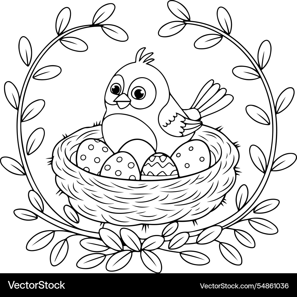 A coloring page of small bird sitting in nest A coloring page of small bird sitting in nest Vector Image