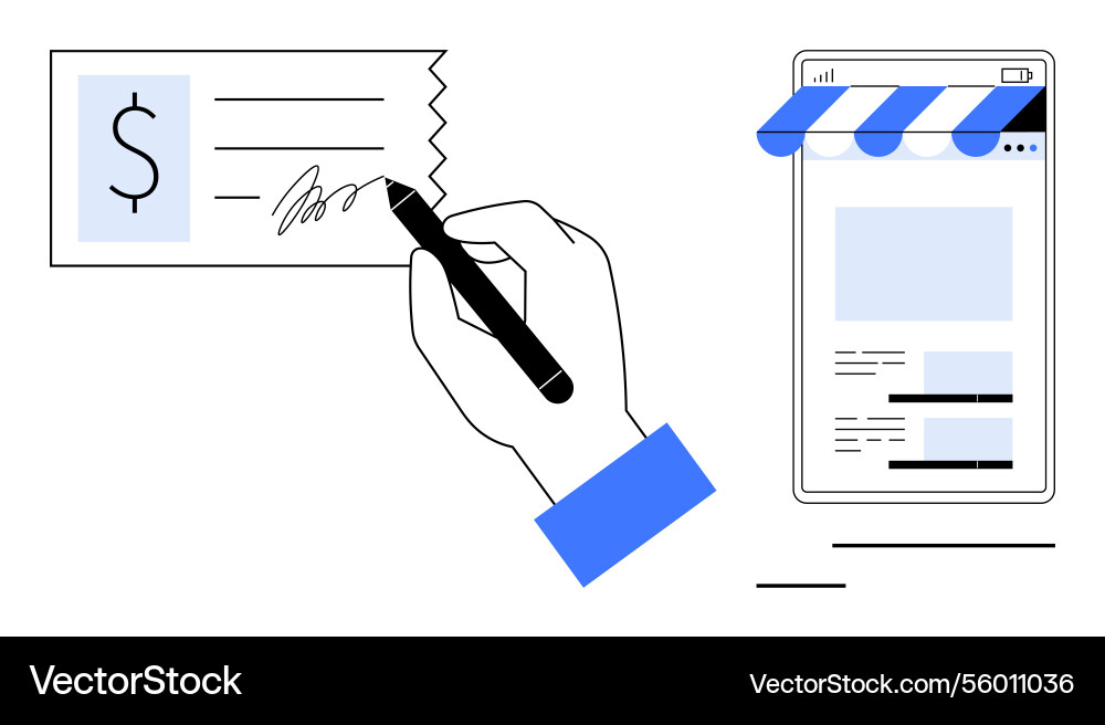 Hand signing payment check with online storefront vector image