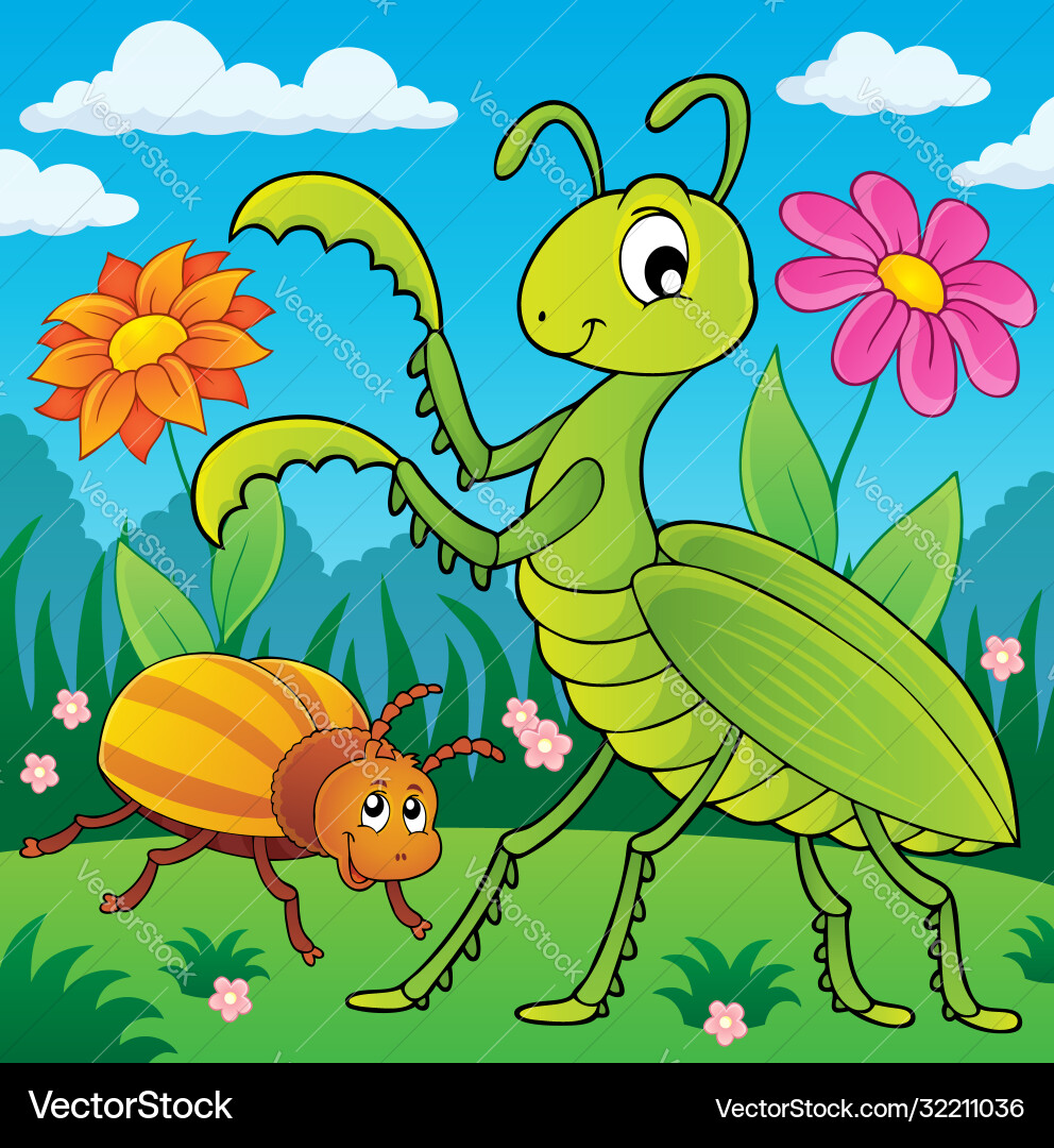 Meadow with praying mantis and bug Vector Image
