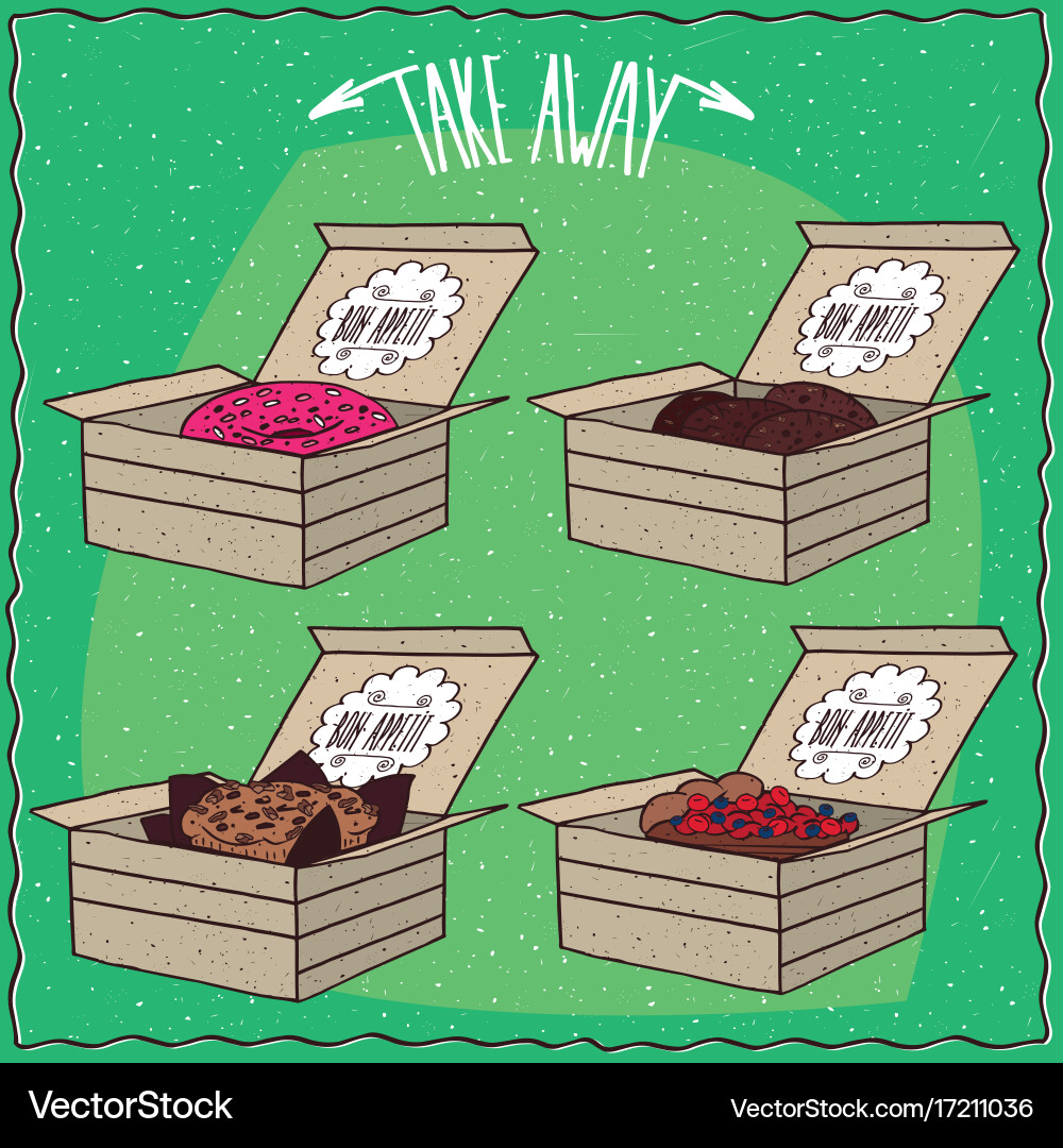 Set of different pastry in carton boxes vector image