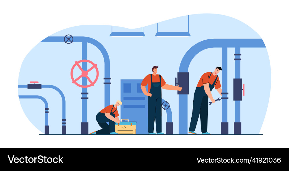 Team of plumbers with tool box in boiler room Team of plumbers with tool box in boiler room Vector Image