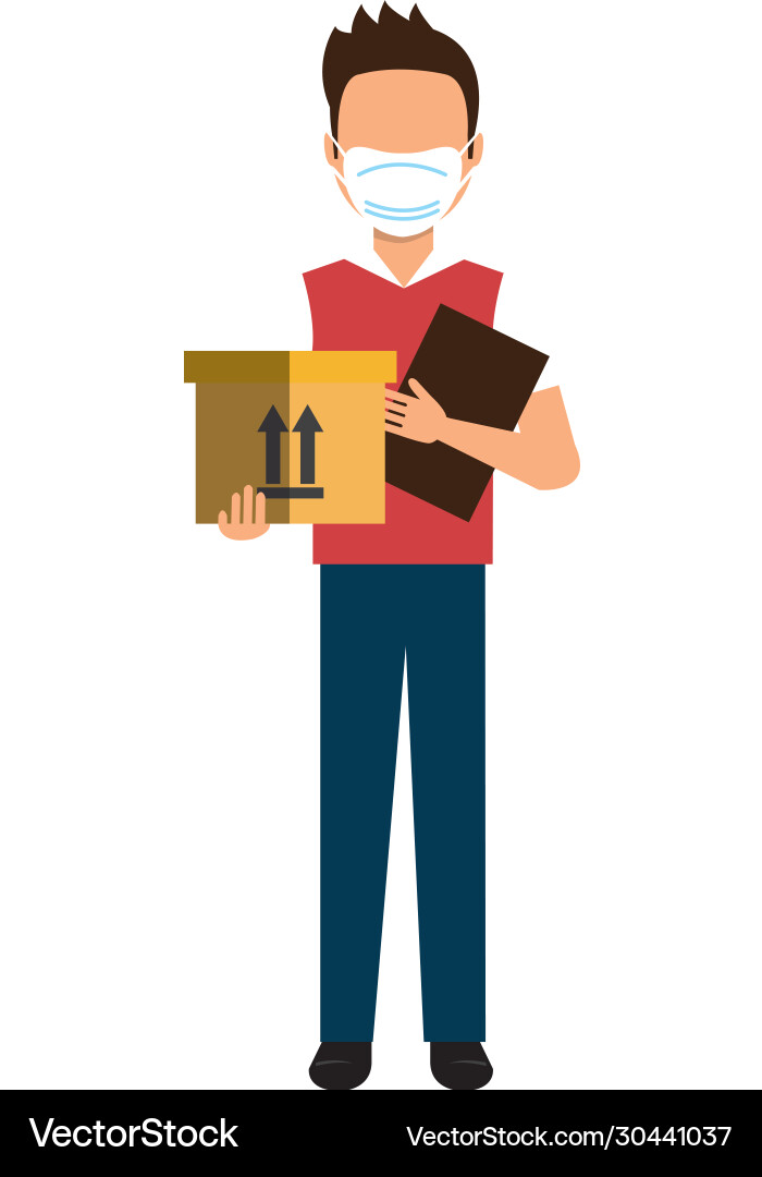 Delivery worker using face mask with box carton Delivery worker using face mask with box carton Vector Image