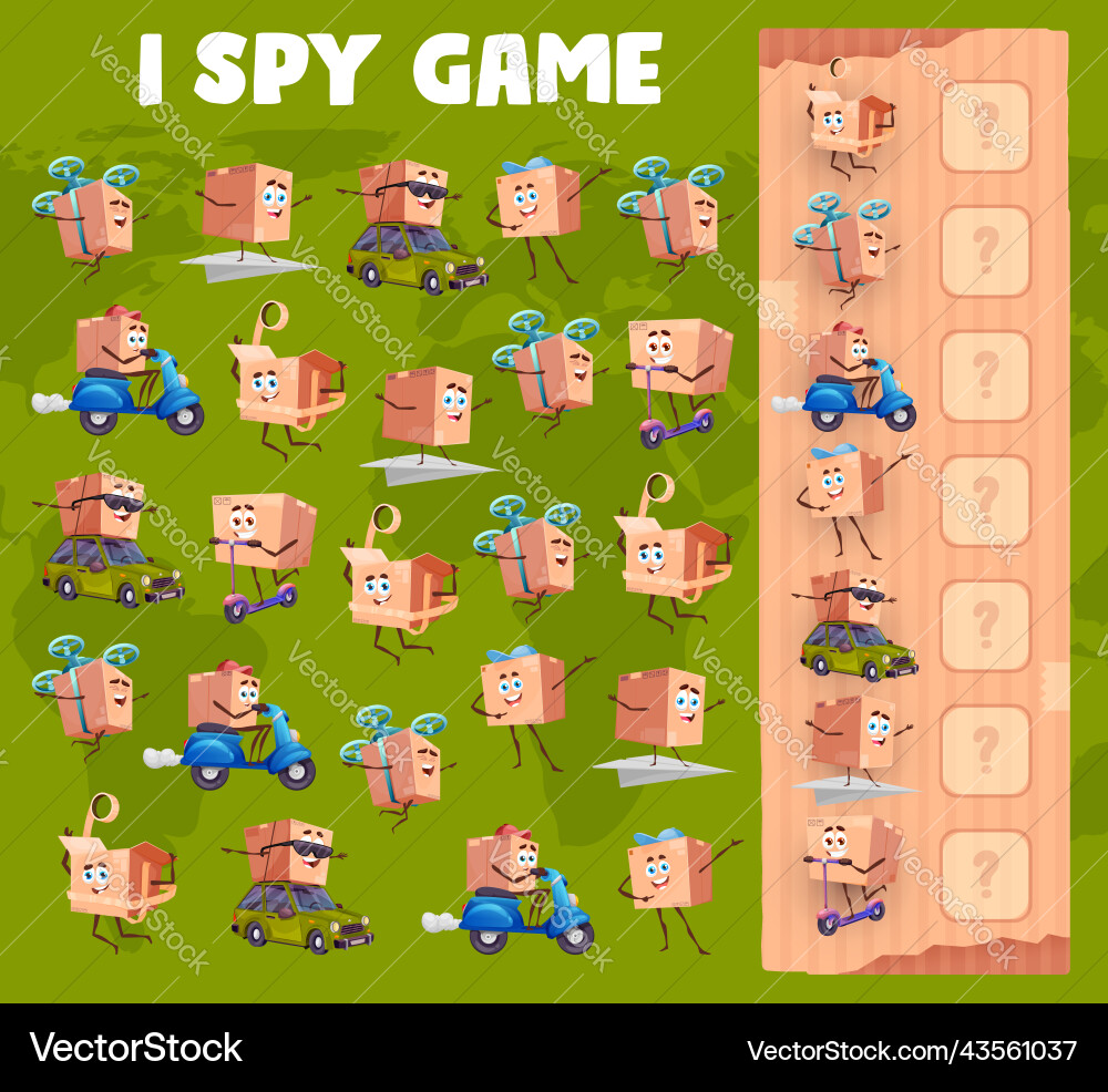 I spy game worksheet with package box characters I spy game worksheet with package box characters vector image