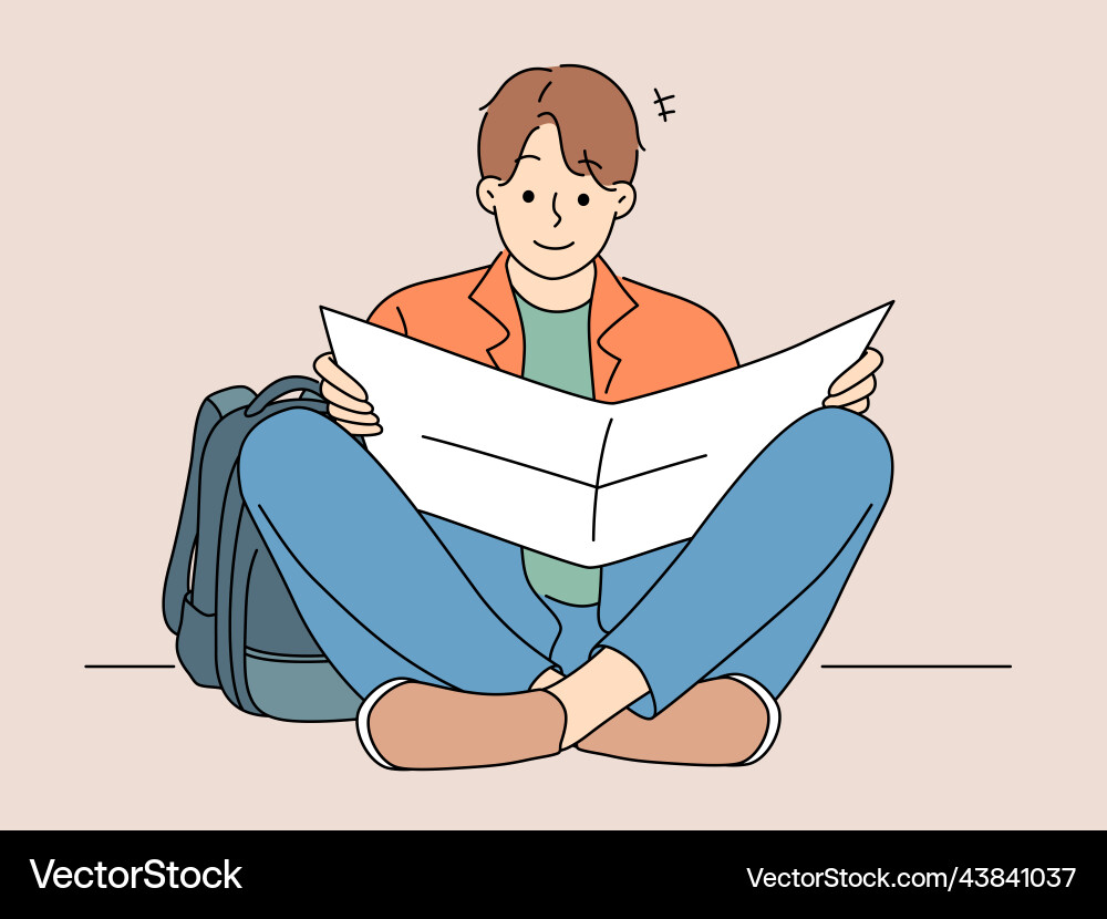 Man with backpack reading paper map Man with backpack reading paper map Vector Image