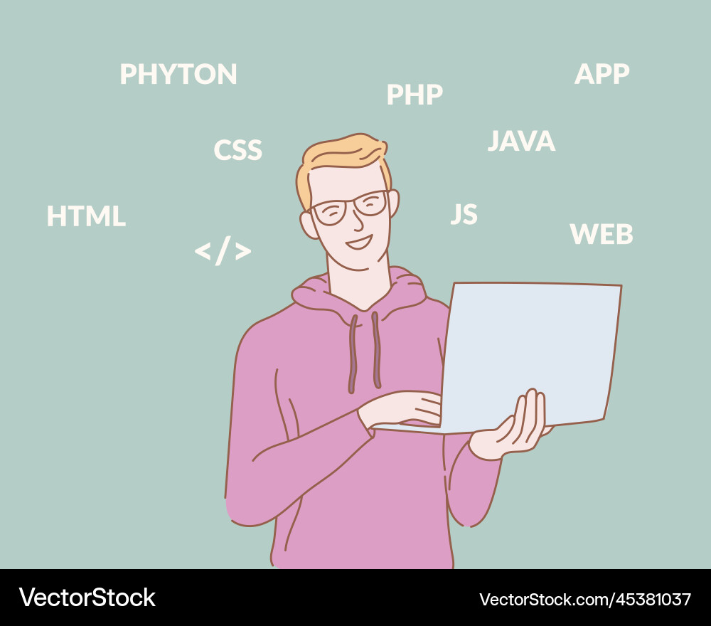 Programmer holding laptop with some programming Programmer holding laptop with some programming vector image