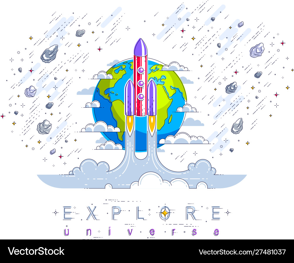 Rocket launch into undiscovered space with planet Rocket launch into undiscovered space with planet vector image