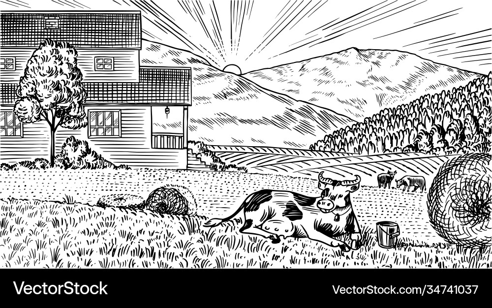 Rural meadow a village landscape with cows hills Rural meadow a village landscape with cows hills vector image