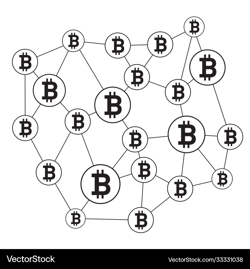 Blockchain structure and bitcoin icon outline vector image