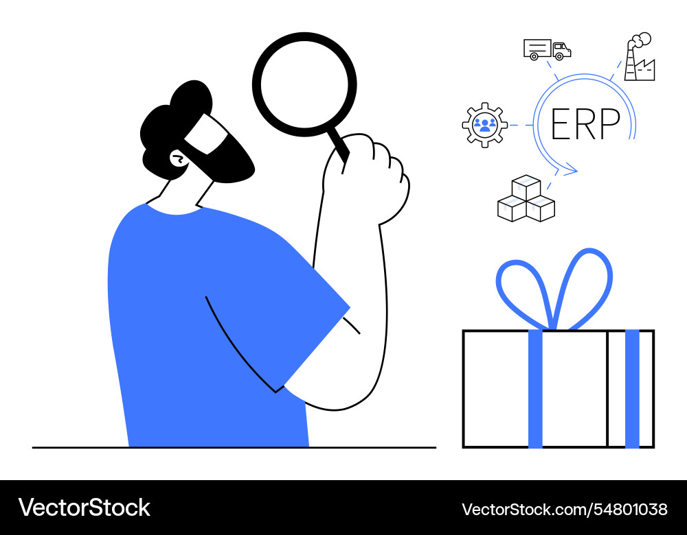 Man inspecting system with magnifying glass next Man inspecting system with magnifying glass next vector image