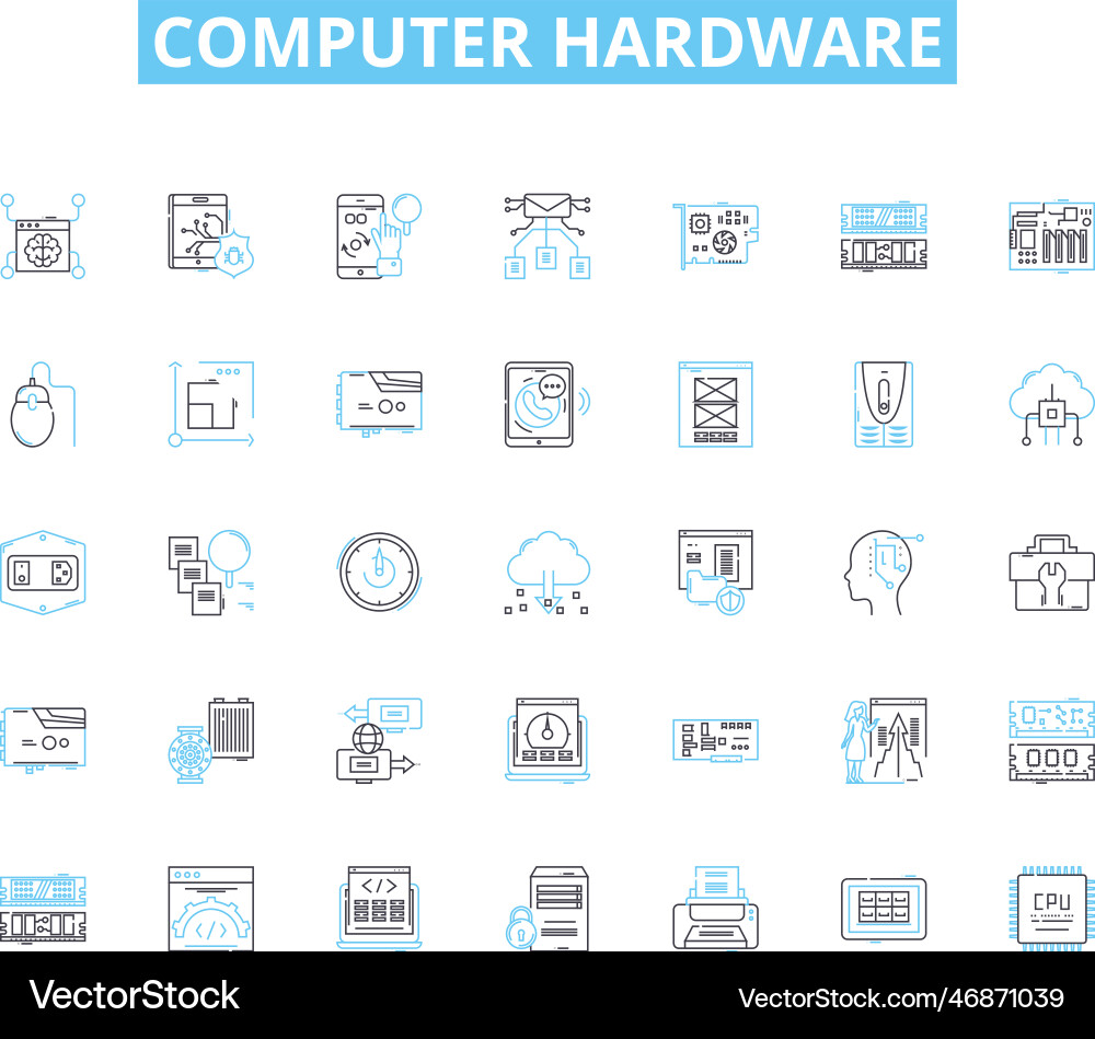 Computer hardware linear icons set motherboard Computer hardware linear icons set motherboard vector image