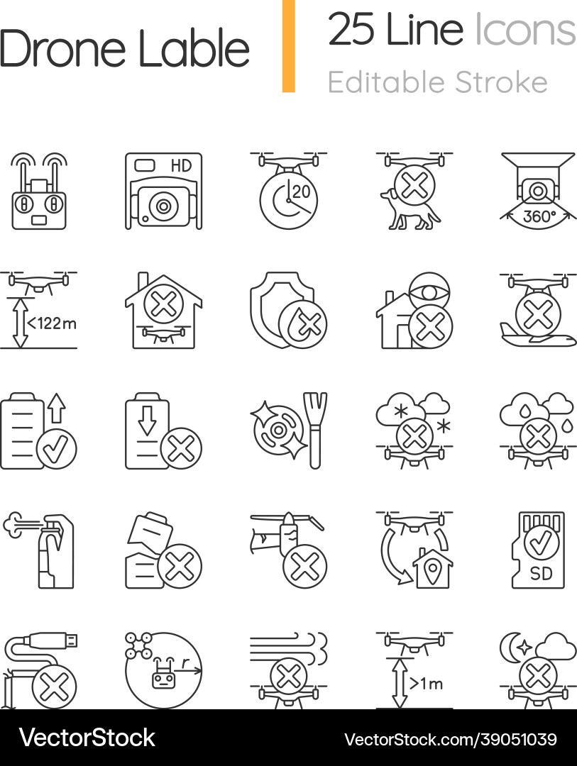 Drone usage linear manual label icons set Drone usage linear manual label icons set vector image