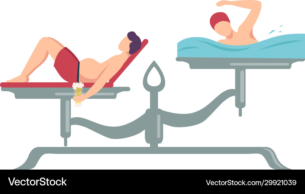 Lazy man drinking beer is on one side scale Lazy man drinking beer is on one side scale vector image