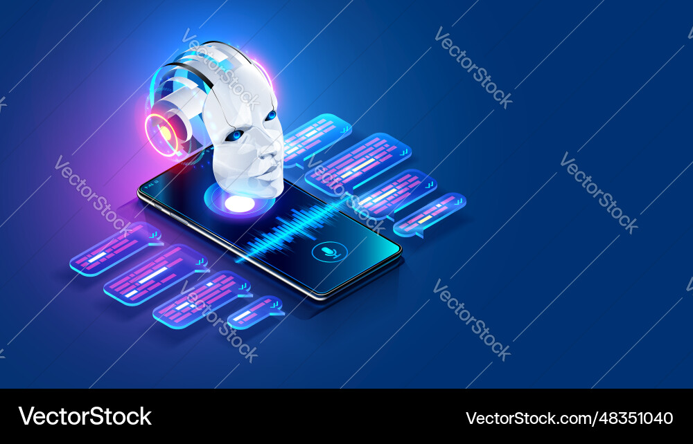 Ai chat bot in image robot head hanging over Ai chat bot in image robot head hanging over vector image