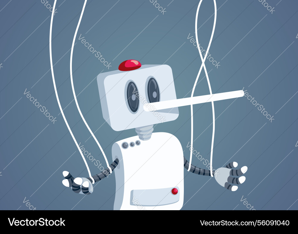 Big nosed lying robot pulled by strings cartoon Big nosed lying robot pulled by strings cartoon vector image
